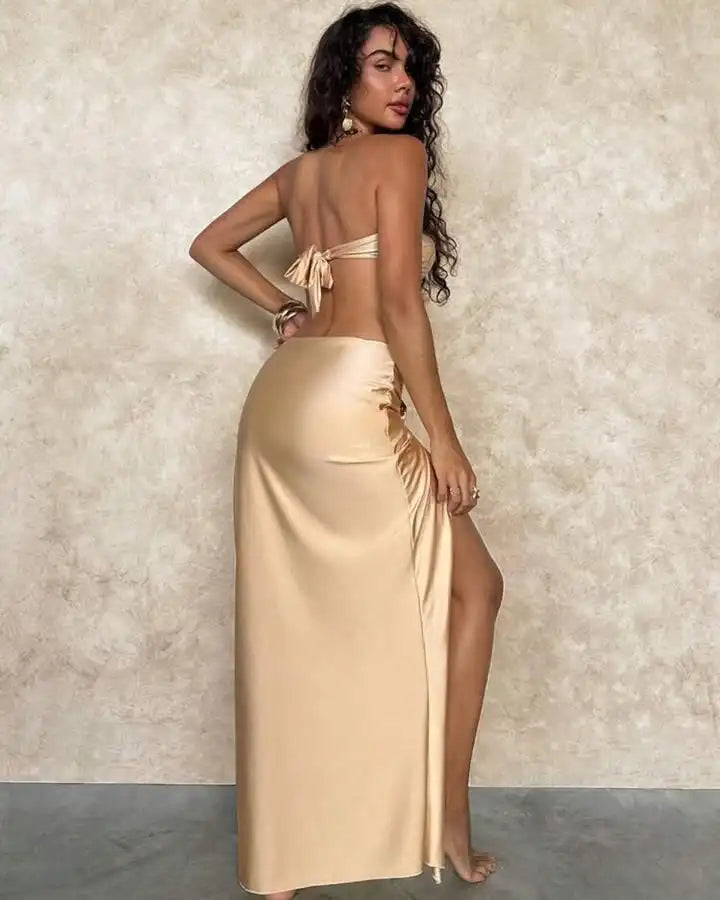 Bikini con hombros descubiertos y hebilla para mujer, traje de baño con falda