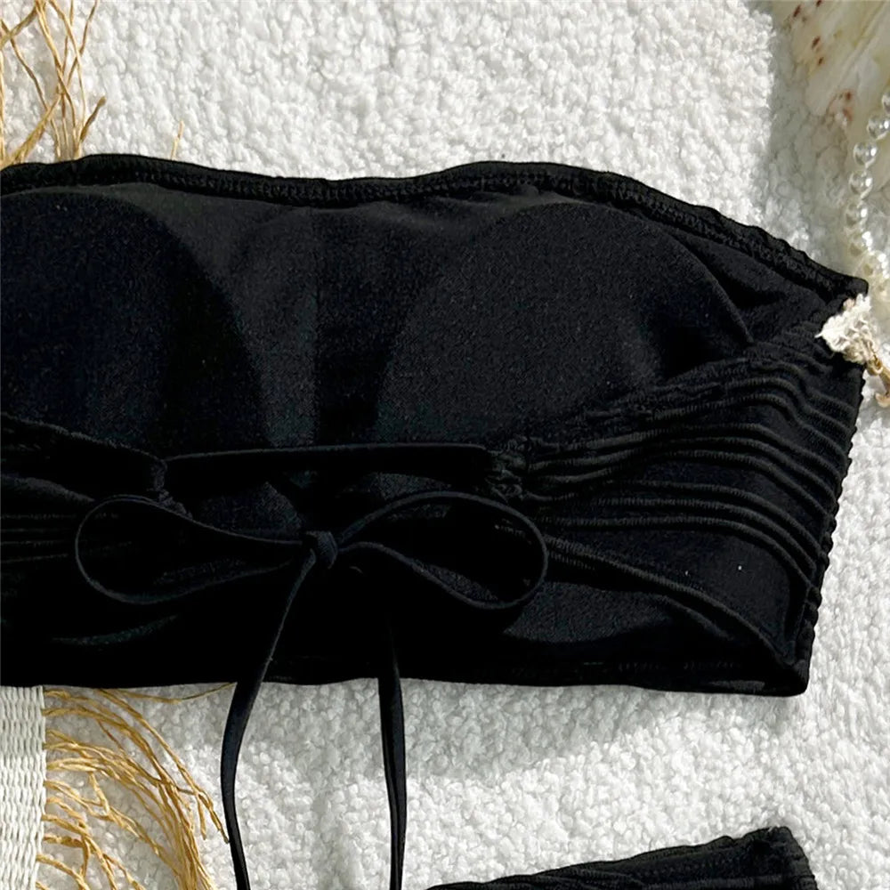Conjunto de Bikinis Bandeau negros para Mujer, traje de baño Sexy con borde de estrella de mar de concha 2025, traje de baño con textura sólida, Bikini para vacaciones en la playa para Mujer