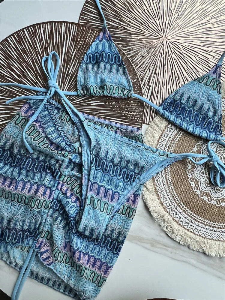 Traje de baño para mujer Falda de bikini de punto Conjunto de tres piezas