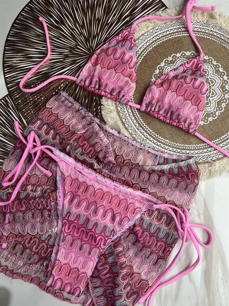 Traje de baño para mujer Falda de bikini de punto Conjunto de tres piezas