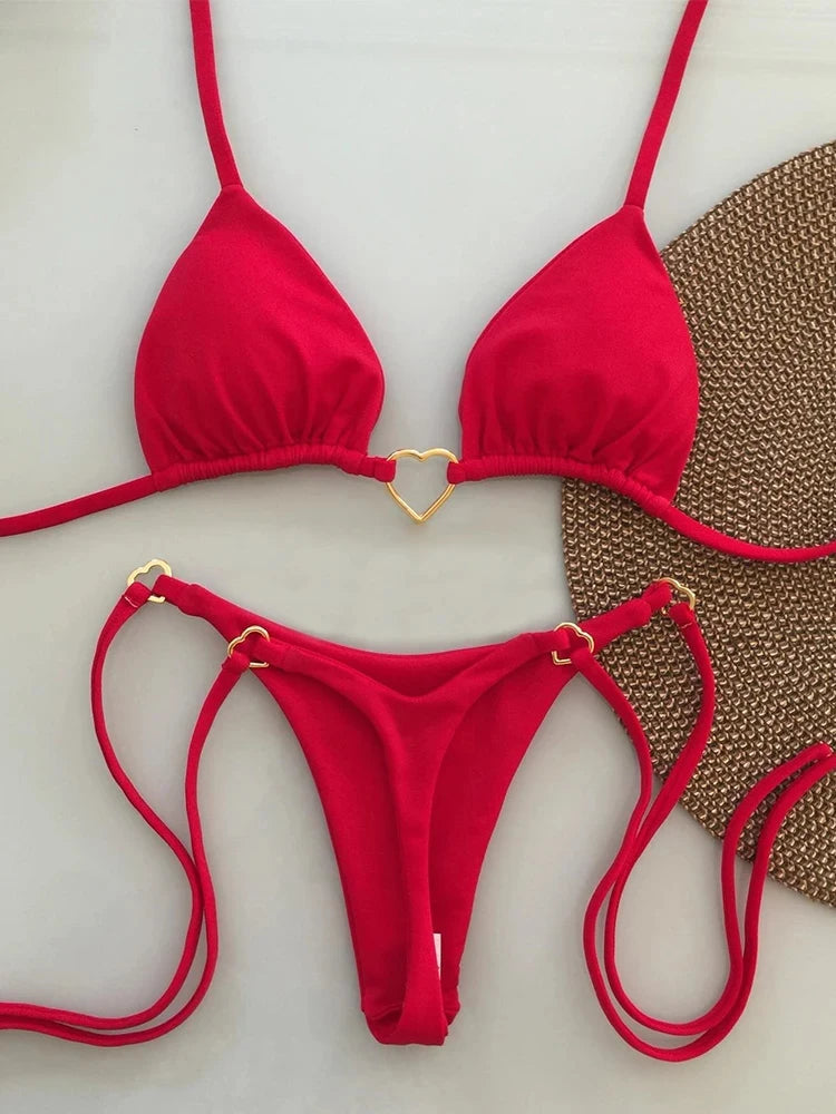 Conjunto de bikini sexy de cintura baja para mujer, traje de baño de verano de color sólido con lazo en la parte delantera y top acolchado para vacaciones en la playa