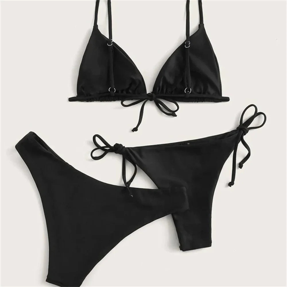 Bikini negro,conjunto de Bikinis de 3 piezas, traje de baño para mujer