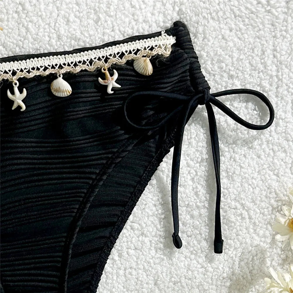 Conjunto de Bikinis Bandeau negros para Mujer, traje de baño Sexy con borde de estrella de mar de concha 2025, traje de baño con textura sólida, Bikini para vacaciones en la playa para Mujer
