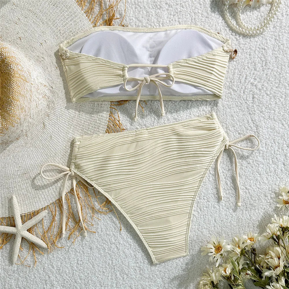 Conjunto de Bikinis Bandeau negros para Mujer, traje de baño Sexy con borde de estrella de mar de concha 2025, traje de baño con textura sólida, Bikini para vacaciones en la playa para Mujer