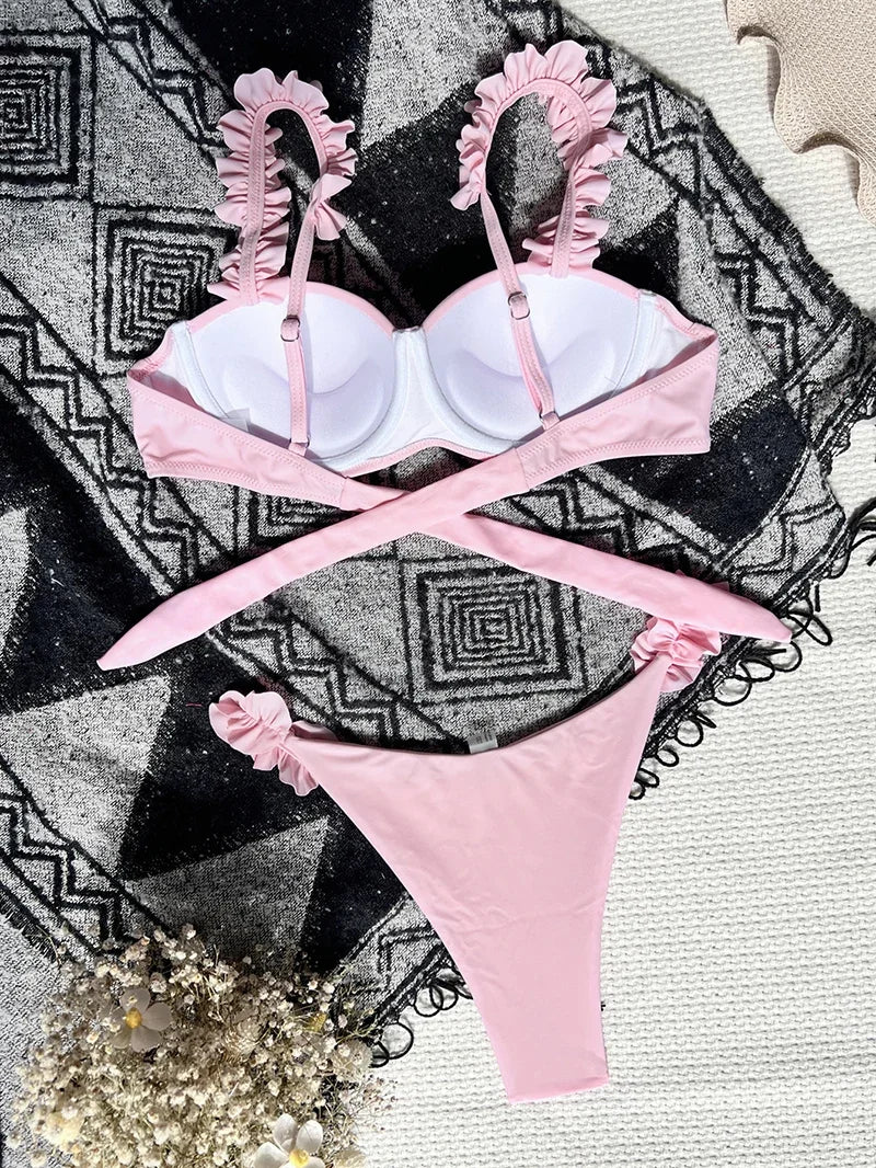 Conjunto de Bikini estilo Push Up para mujer, traje de baño Sexy con lazo, Bikini con cordones, traje de baño de dos piezas para mujer, ropa de playa L 2023