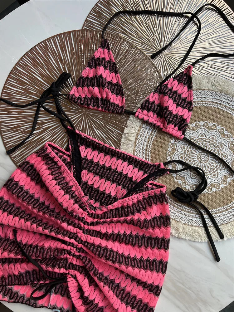 Traje de baño para mujer Falda de bikini de punto Conjunto de tres piezas