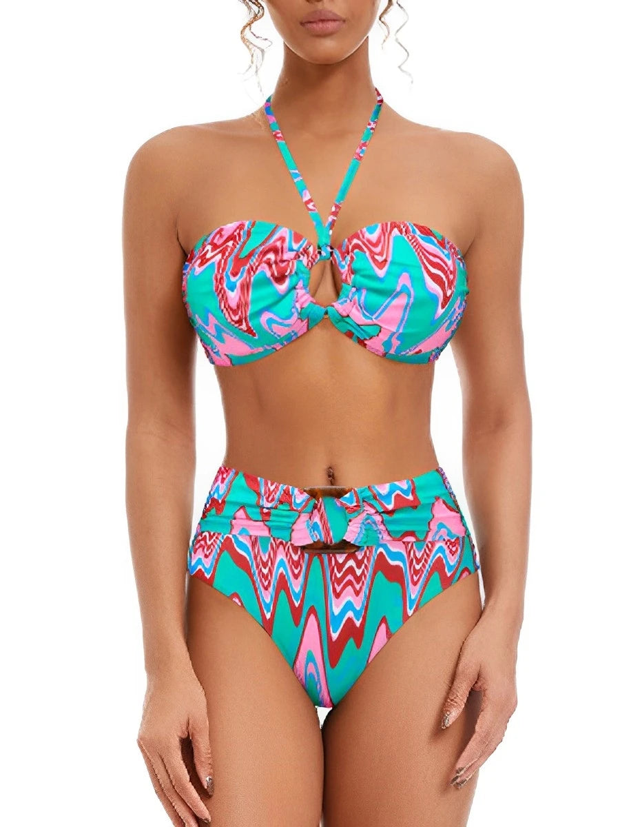 2025 Bikini Bandeau con cuello Halter para mujer, traje de baño de cintura alta, traje de baño acolchado para mujer, bañadores, traje de baño para nadar, ropa de playa de verano