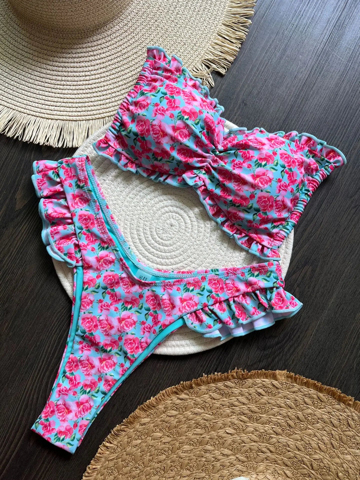 Conjunto de Bikini con volantes y estampado de flores para mujer