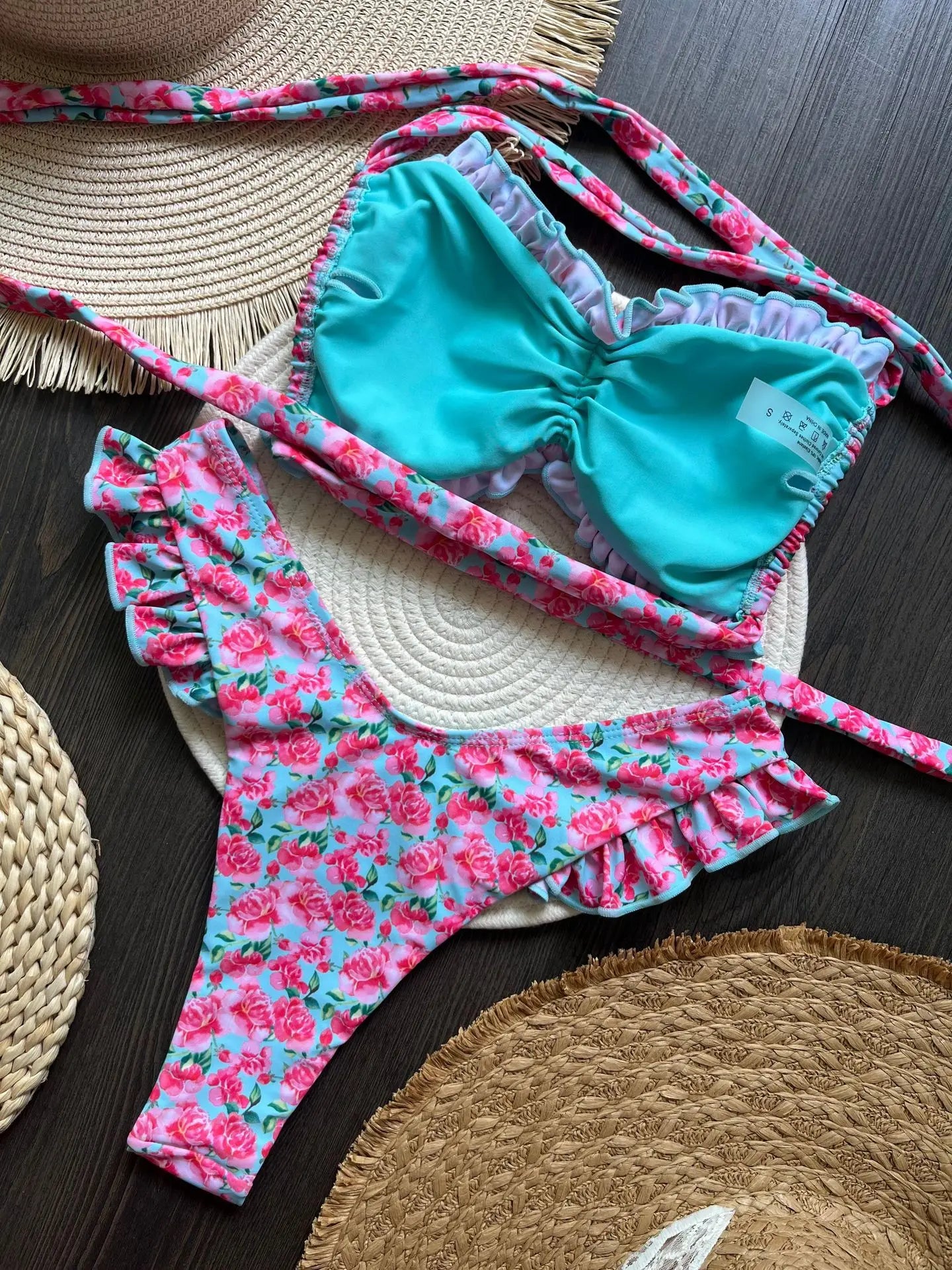 Conjunto de Bikini con volantes y estampado de flores para mujer