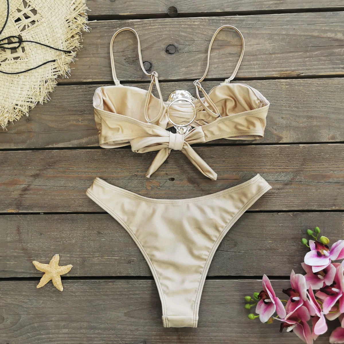 Bikini con hombros descubiertos y hebilla para mujer, traje de baño con falda
