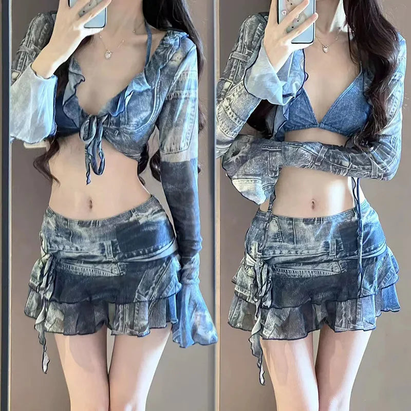 Bikini Traje de baño Moda Retro Denim Azul Bikini de cuatro piezas