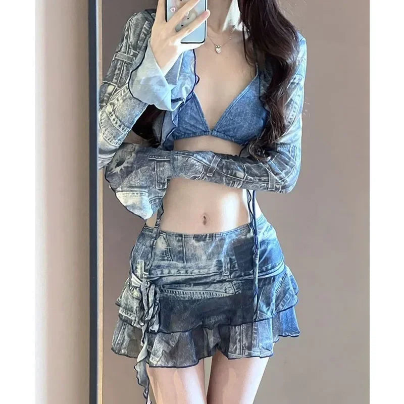 Bikini Traje de baño Moda Retro Denim Azul Bikini de cuatro piezas