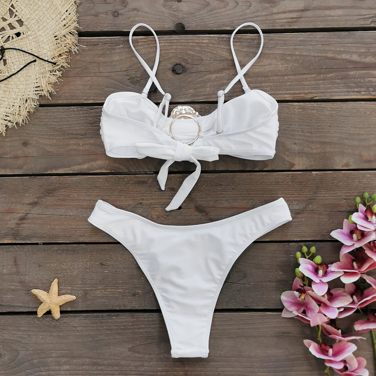 Bikini con hombros descubiertos y hebilla para mujer, traje de baño con falda