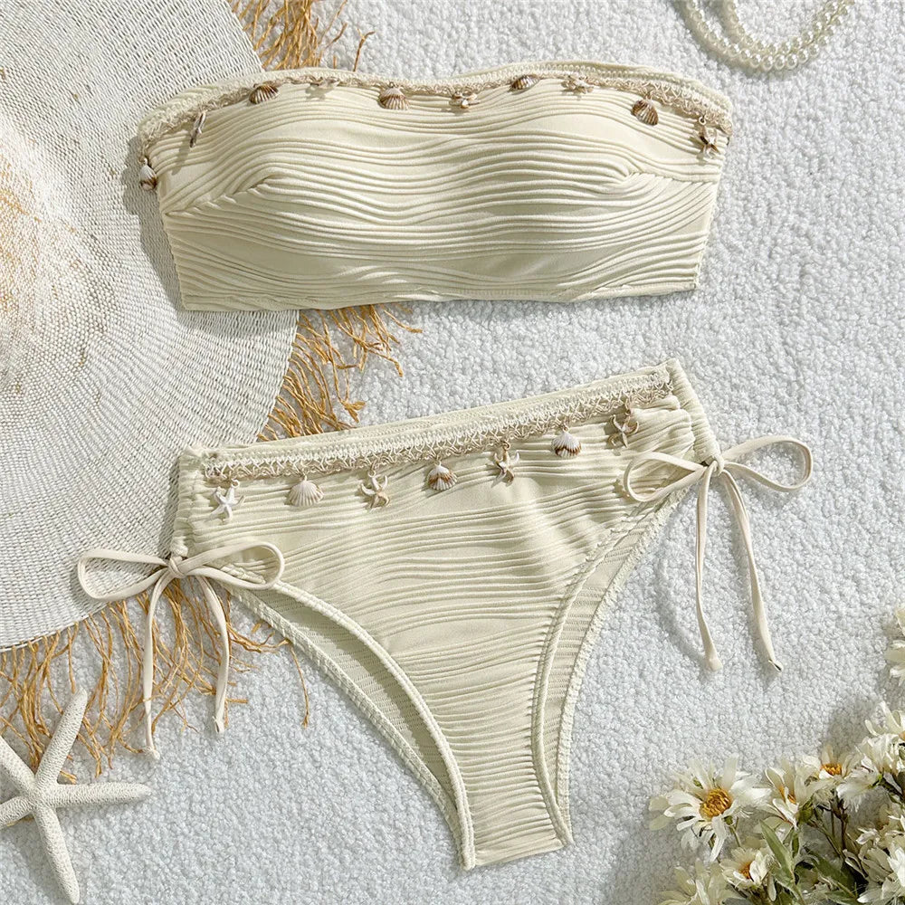 Conjunto de Bikinis Bandeau negros para Mujer, traje de baño Sexy con borde de estrella de mar de concha 2025, traje de baño con textura sólida, Bikini para vacaciones en la playa para Mujer