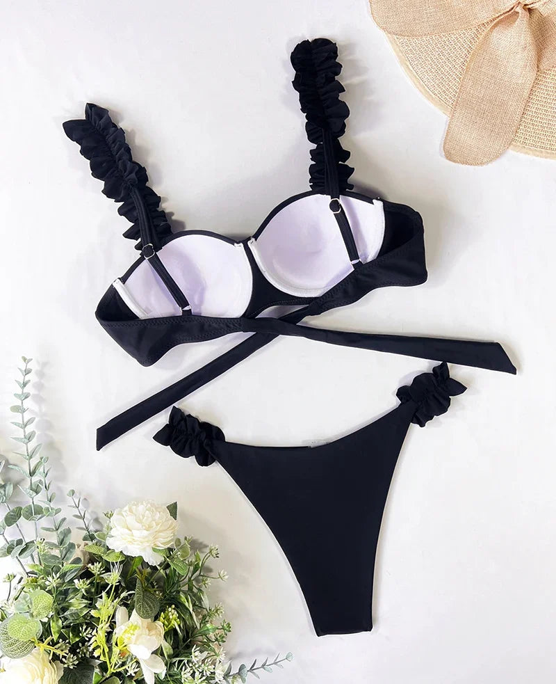 Conjunto de Bikini estilo Push Up para mujer, traje de baño Sexy con lazo, Bikini con cordones, traje de baño de dos piezas para mujer, ropa de playa L 2023