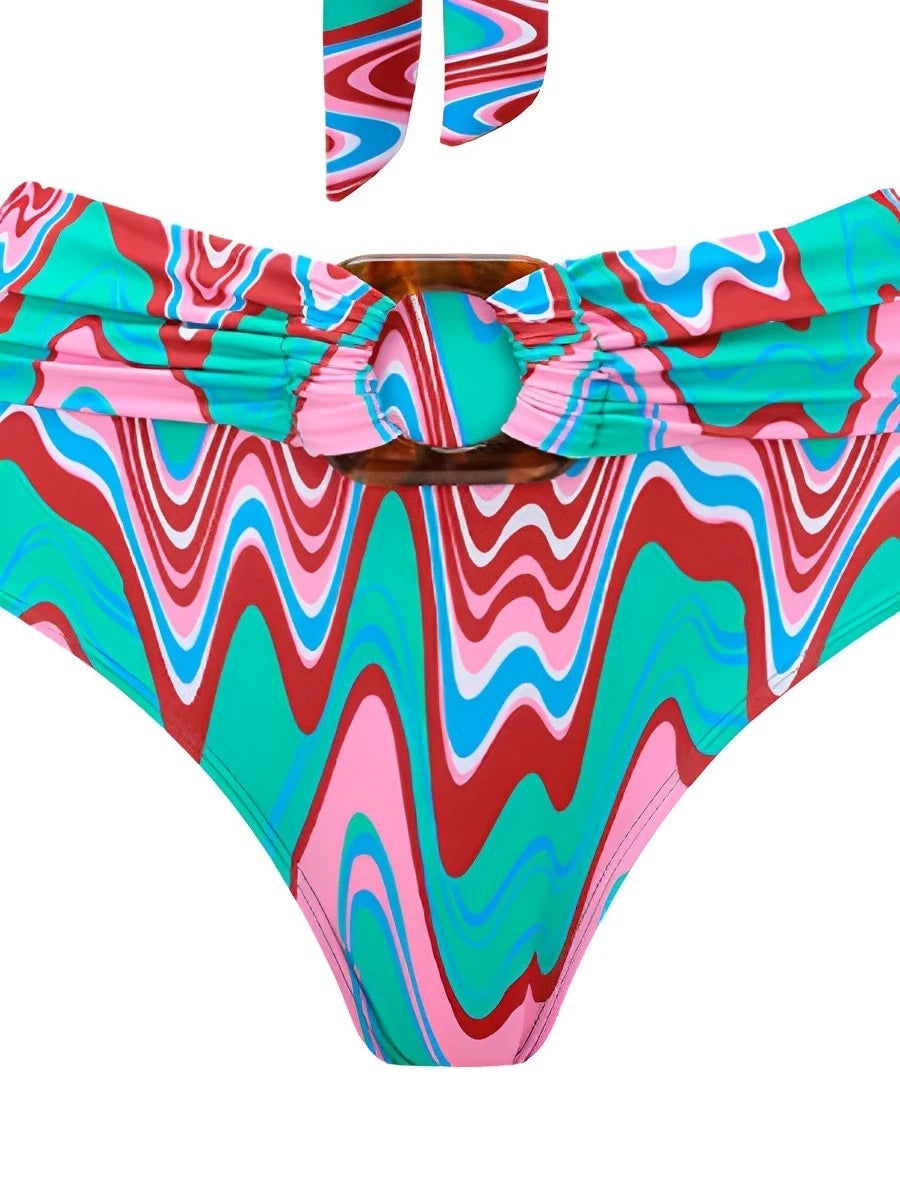2025 Bikini Bandeau con cuello Halter para mujer, traje de baño de cintura alta, traje de baño acolchado para mujer, bañadores, traje de baño para nadar, ropa de playa de verano