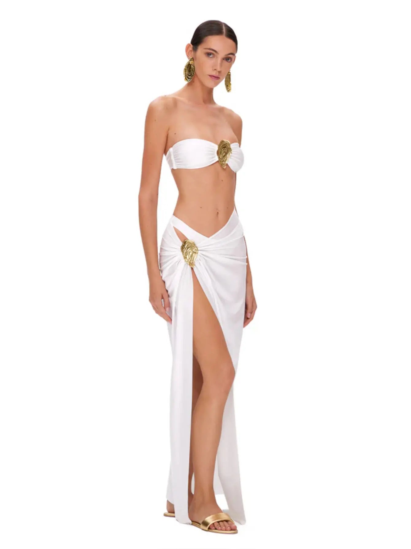Bikini con hombros descubiertos y hebilla para mujer, traje de baño con falda
