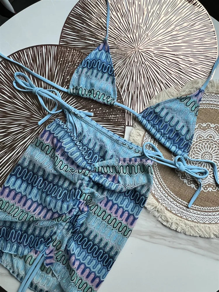 Traje de baño para mujer Falda de bikini de punto Conjunto de tres piezas