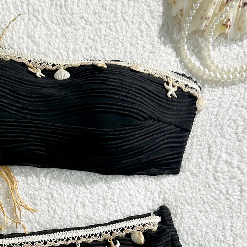 Conjunto de Bikinis Bandeau negros para Mujer, traje de baño Sexy con borde de estrella de mar de concha 2025, traje de baño con textura sólida, Bikini para vacaciones en la playa para Mujer