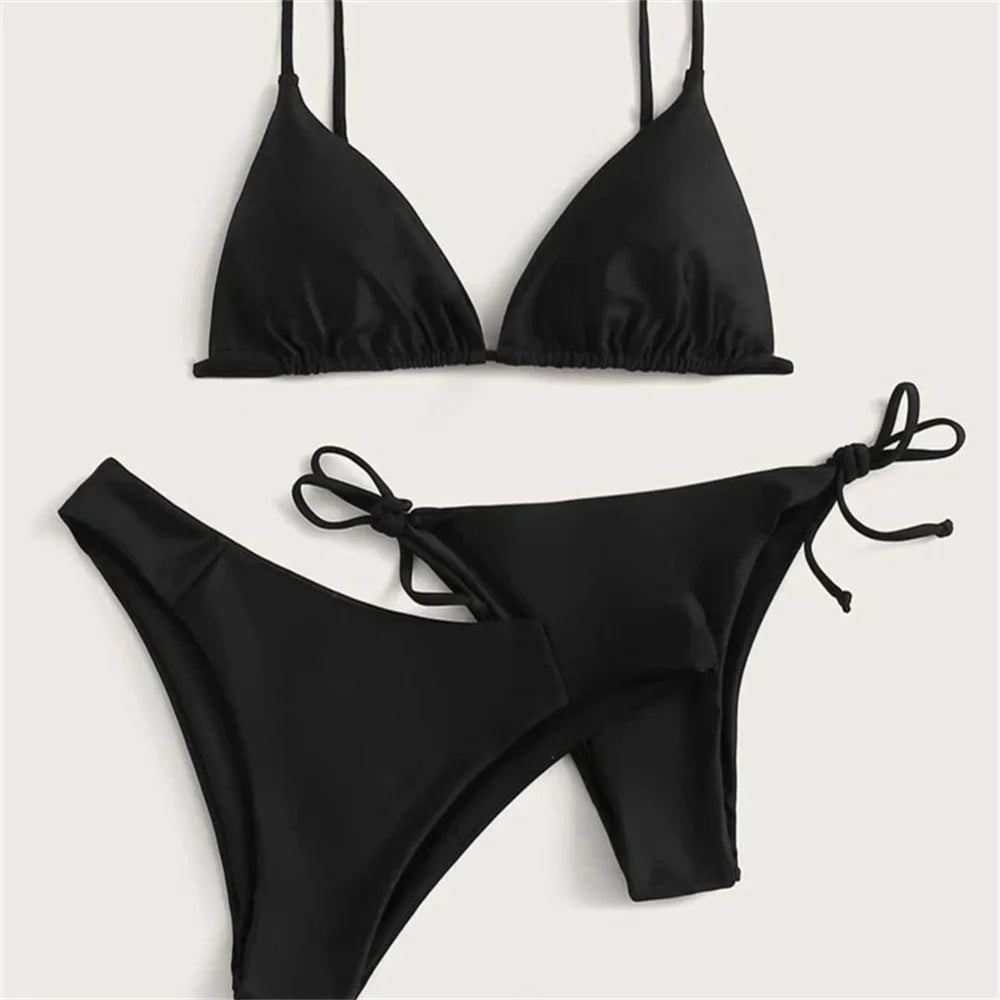 Bikini negro,conjunto de Bikinis de 3 piezas, traje de baño para mujer