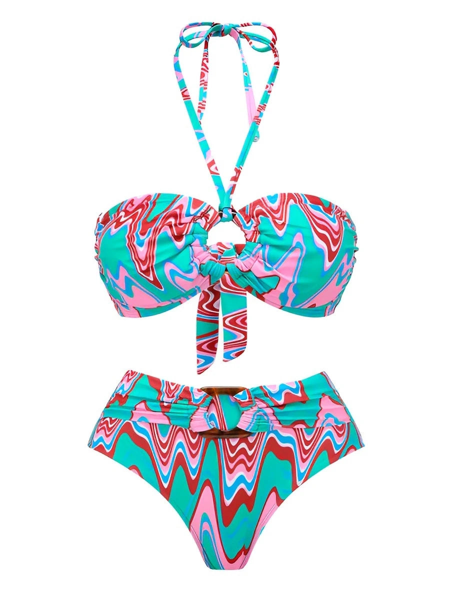 2025 Bikini Bandeau con cuello Halter para mujer, traje de baño de cintura alta, traje de baño acolchado para mujer, bañadores, traje de baño para nadar, ropa de playa de verano