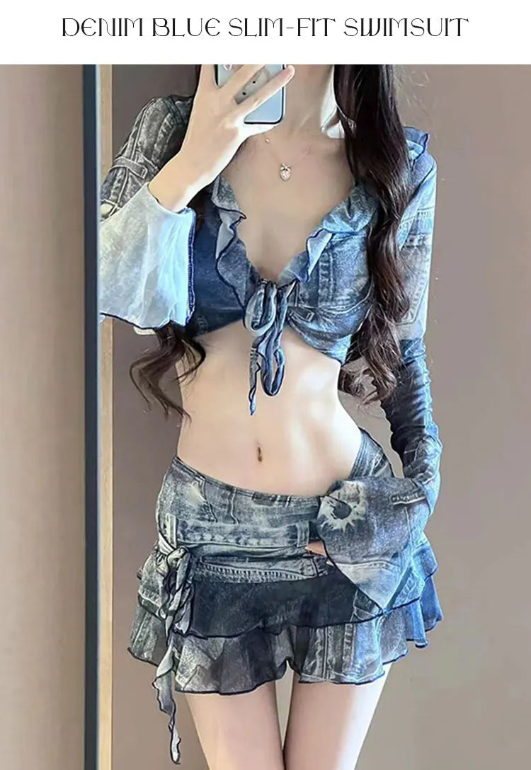 Bikini Traje de baño Moda Retro Denim Azul Bikini de cuatro piezas