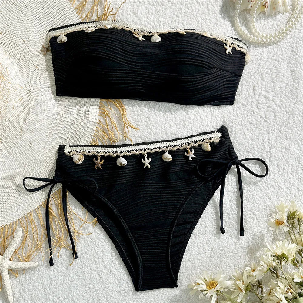 Conjunto de Bikinis Bandeau negros para Mujer, traje de baño Sexy con borde de estrella de mar de concha 2025, traje de baño con textura sólida, Bikini para vacaciones en la playa para Mujer