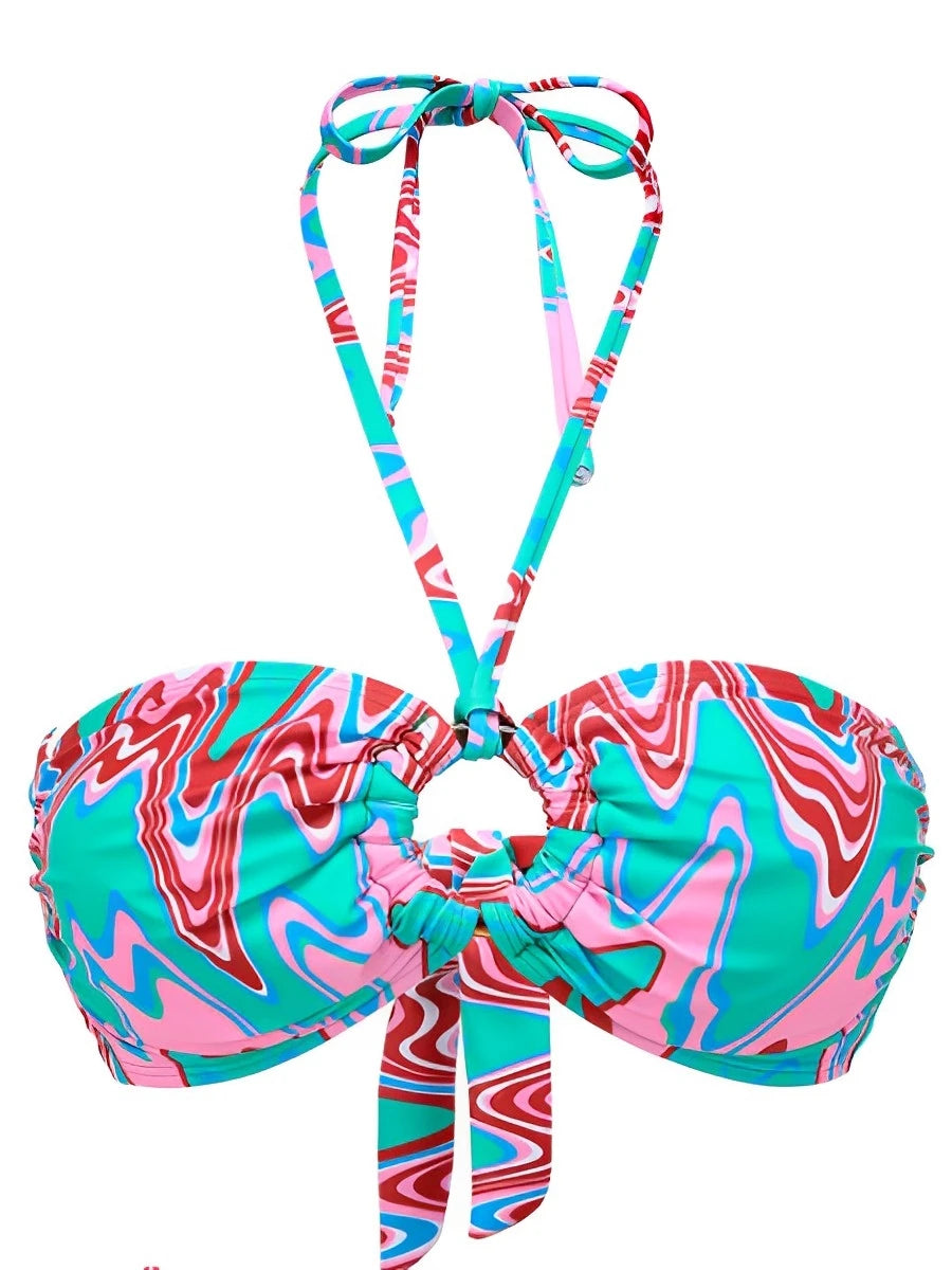 2025 Bikini Bandeau con cuello Halter para mujer, traje de baño de cintura alta, traje de baño acolchado para mujer, bañadores, traje de baño para nadar, ropa de playa de verano