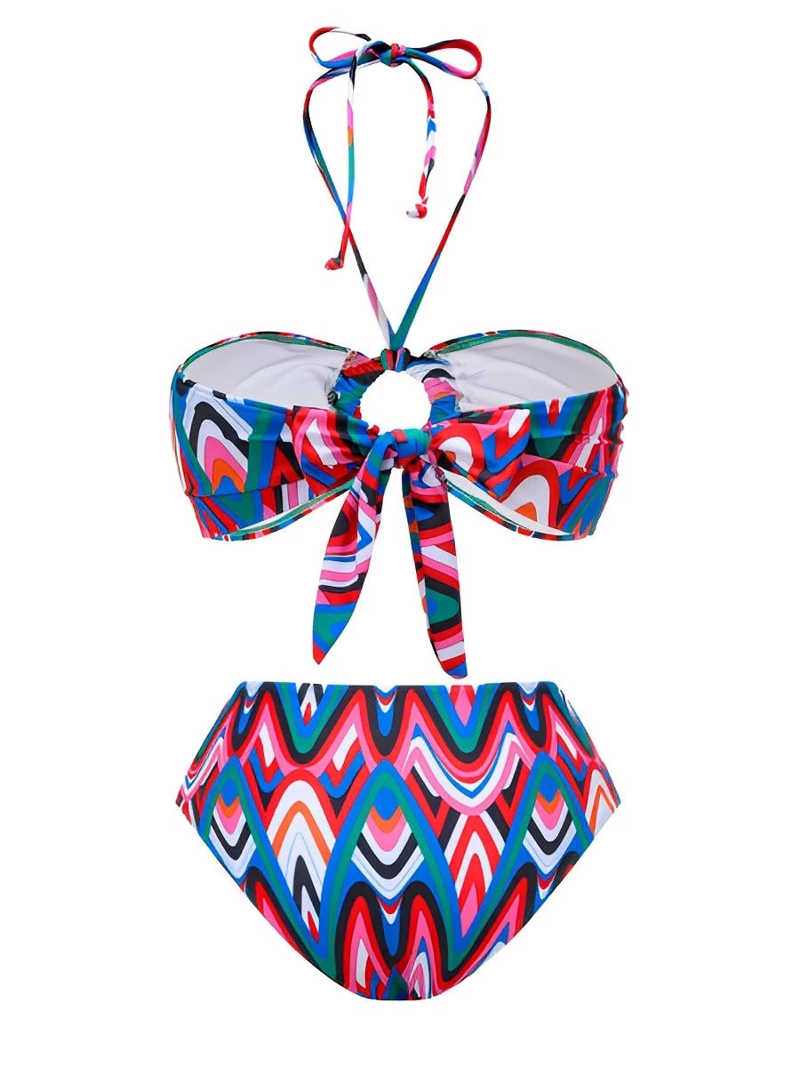 2025 Bikini Bandeau con cuello Halter para mujer, traje de baño de cintura alta, traje de baño acolchado para mujer, bañadores, traje de baño para nadar, ropa de playa de verano