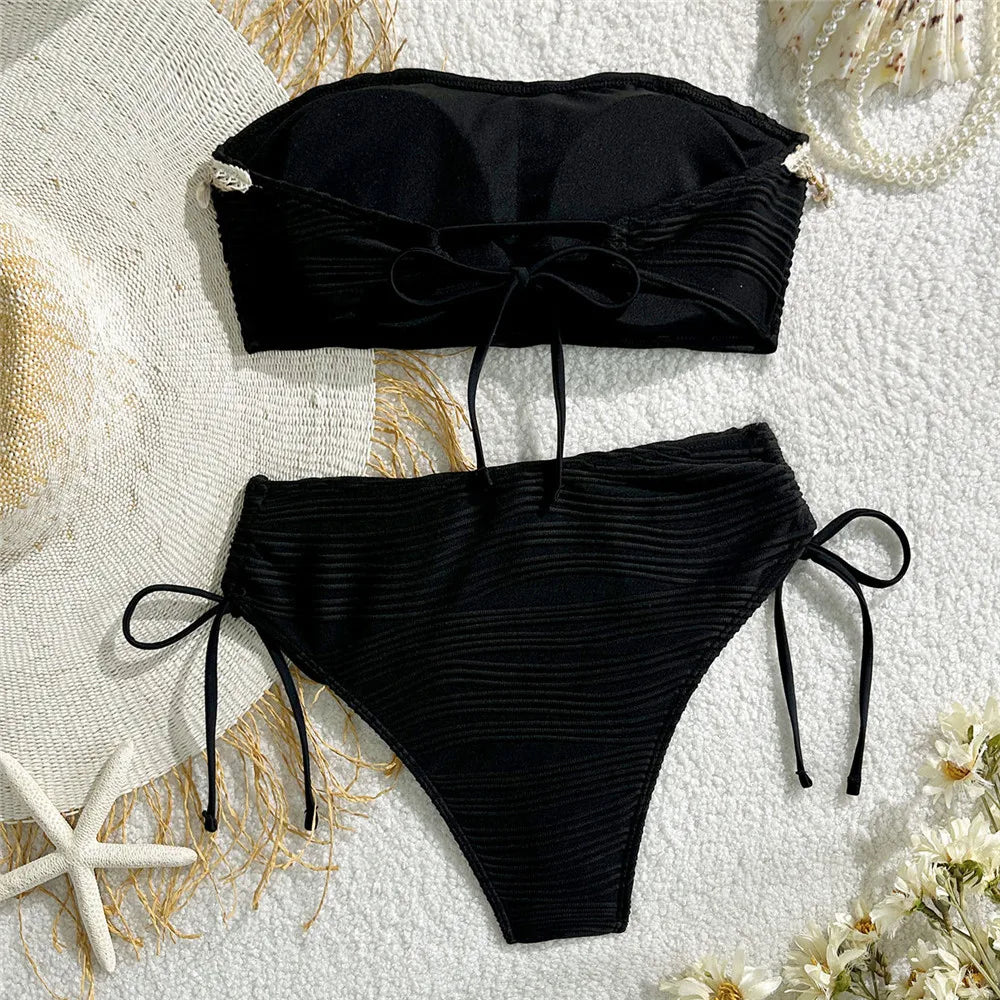 Conjunto de Bikinis Bandeau negros para Mujer, traje de baño Sexy con borde de estrella de mar de concha 2025, traje de baño con textura sólida, Bikini para vacaciones en la playa para Mujer