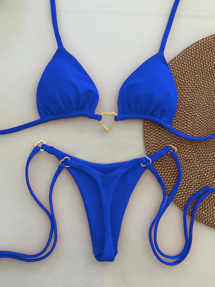 Conjunto de bikini sexy de cintura baja para mujer, traje de baño de verano de color sólido con lazo en la parte delantera y top acolchado para vacaciones en la playa