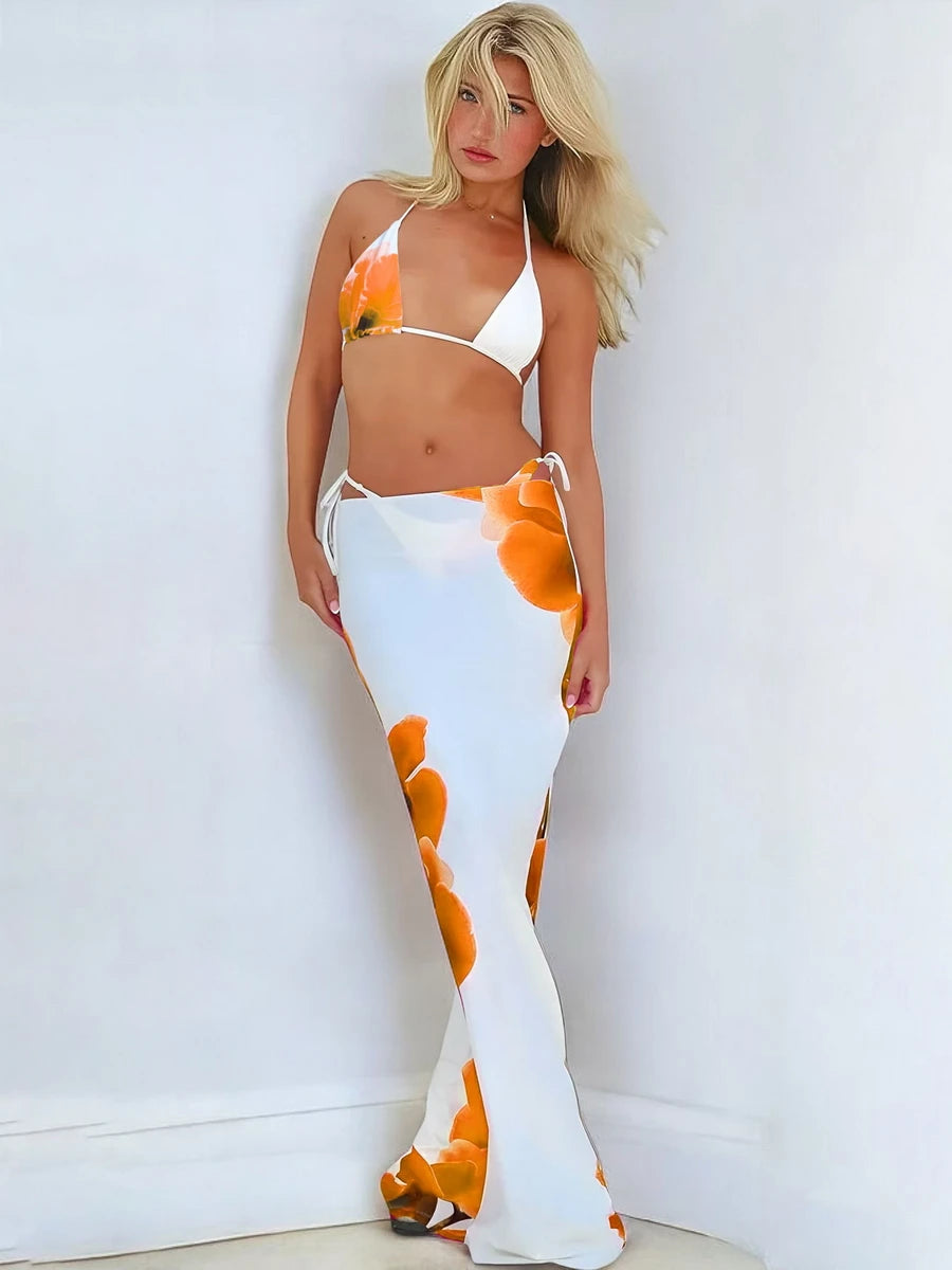 Para Praia Bikini brasileño Sexy 2025 traje de baño de tres piezas con vestido de playa largo Tanga traje de baño mujeres Biquini ropa de playa