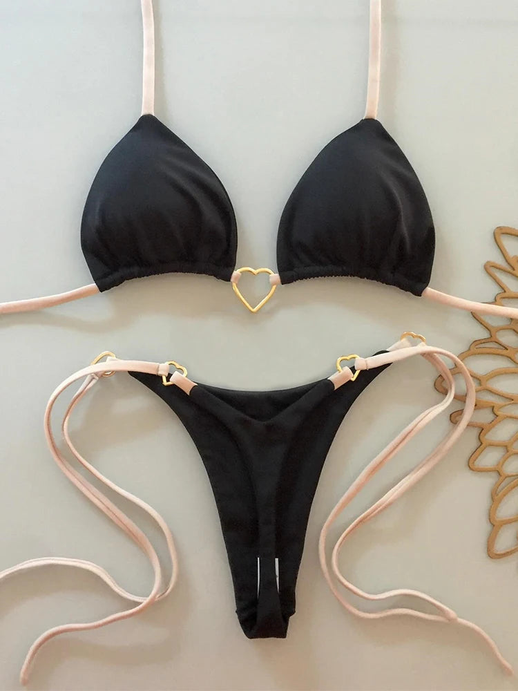Conjunto de bikini sexy de cintura baja para mujer, traje de baño de verano de color sólido con lazo en la parte delantera y top acolchado para vacaciones en la playa