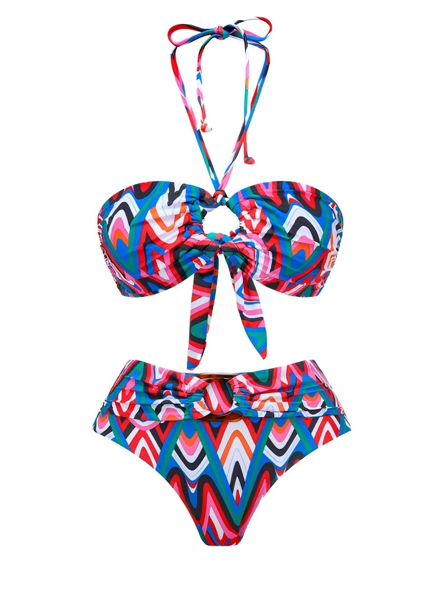 2025 Bikini Bandeau con cuello Halter para mujer, traje de baño de cintura alta, traje de baño acolchado para mujer, bañadores, traje de baño para nadar, ropa de playa de verano