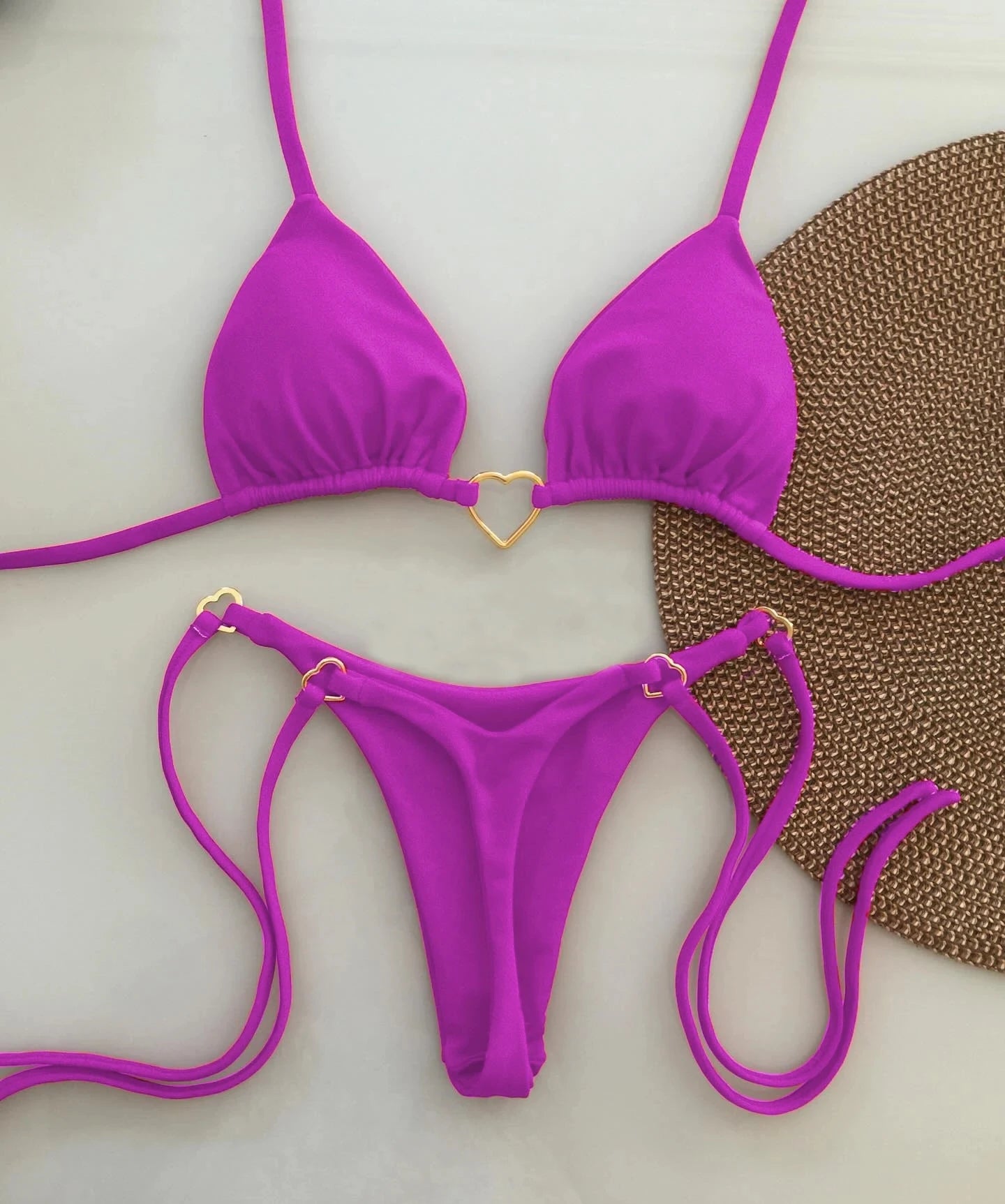 Conjunto de bikini sexy de cintura baja para mujer, traje de baño de verano de color sólido con lazo en la parte delantera y top acolchado para vacaciones en la playa