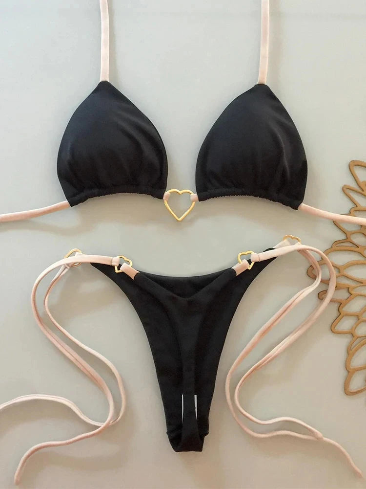 Conjunto de bikini sexy de cintura baja para mujer, traje de baño de verano de color sólido con lazo en la parte delantera y top acolchado para vacaciones en la playa