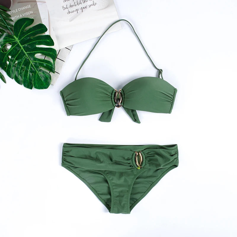 Bikini con realce para mujer, traje de baño con cuello Halter, color azul, negro, blanco, amarillo y verde, 2023