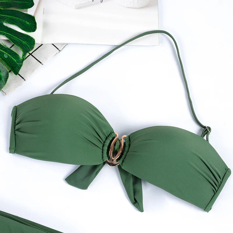 Bikini con realce para mujer, traje de baño con cuello Halter, color azul, negro, blanco, amarillo y verde, 2023