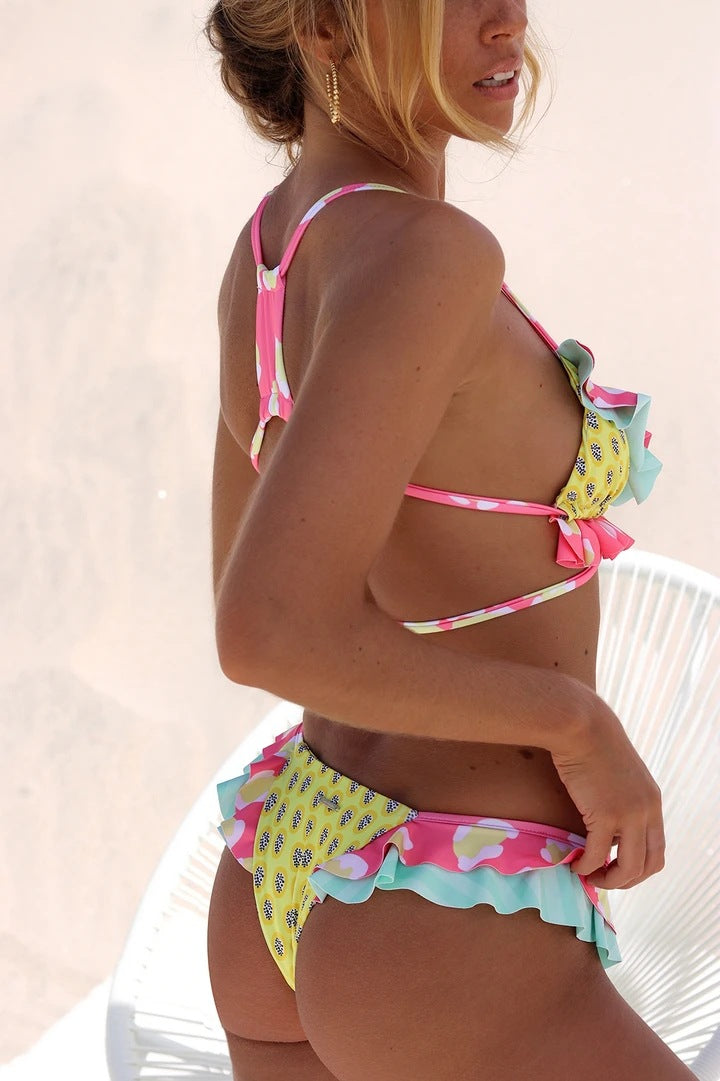 Bikini brasileño con volantes para mujer, traje de baño Sexy con Push-Up, Tanga con cuello Halter, conjunto de Bikini brasileño, bañador