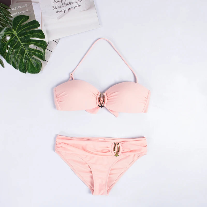 Bikini con realce para mujer, traje de baño con cuello Halter, color azul, negro, blanco, amarillo y verde, 2023