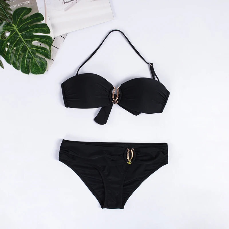 Bikini con realce para mujer, traje de baño con cuello Halter, color azul, negro, blanco, amarillo y verde, 2023