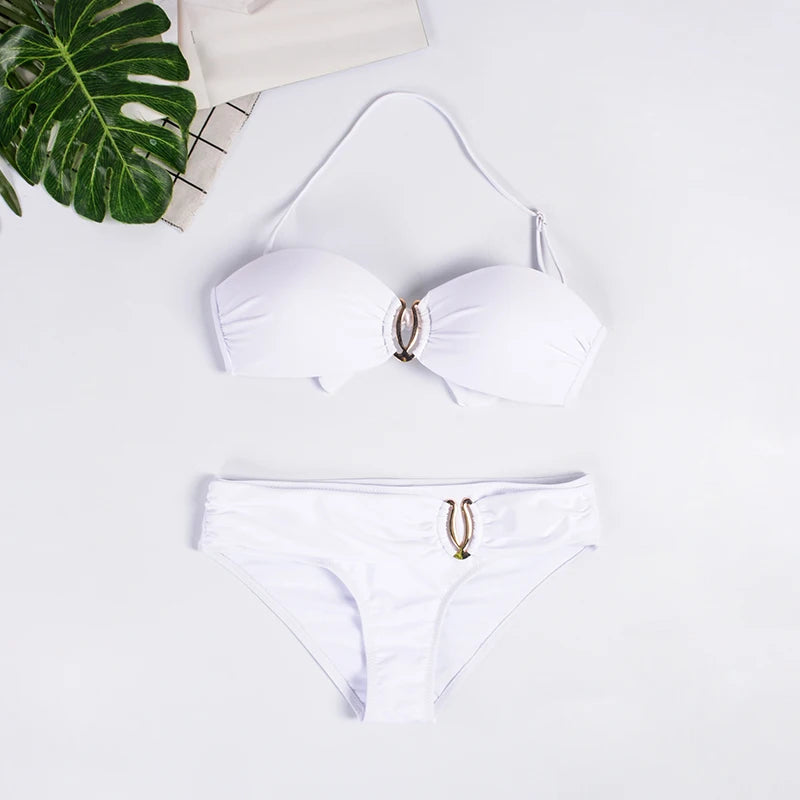 Bikini con realce para mujer, traje de baño con cuello Halter, color azul, negro, blanco, amarillo y verde, 2023