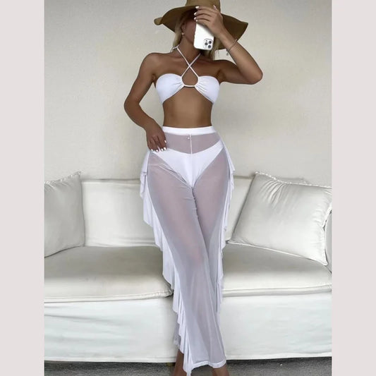 Conjunto de Bikini y cubierta para mujer, traje de baño liso entrecruzado con cuello Halter y pantalones con volantes