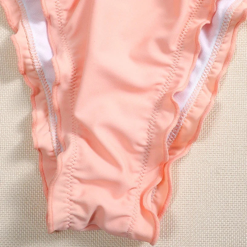 Bikini brasileño acanalado con volantes para mujer, traje de baño femenino, conjunto de Bikini de dos piezas, traje de baño con cordón Halter