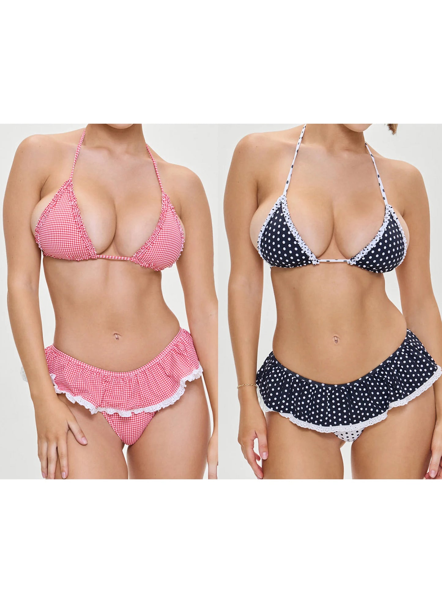 Combhasaki-Conjunto de Bikini de 2 piezas para mujer, traje de baño con cordones, cuello Halter, ribete de volantes, sujetador acolchado + falda de Tanga, traje de baño de verano