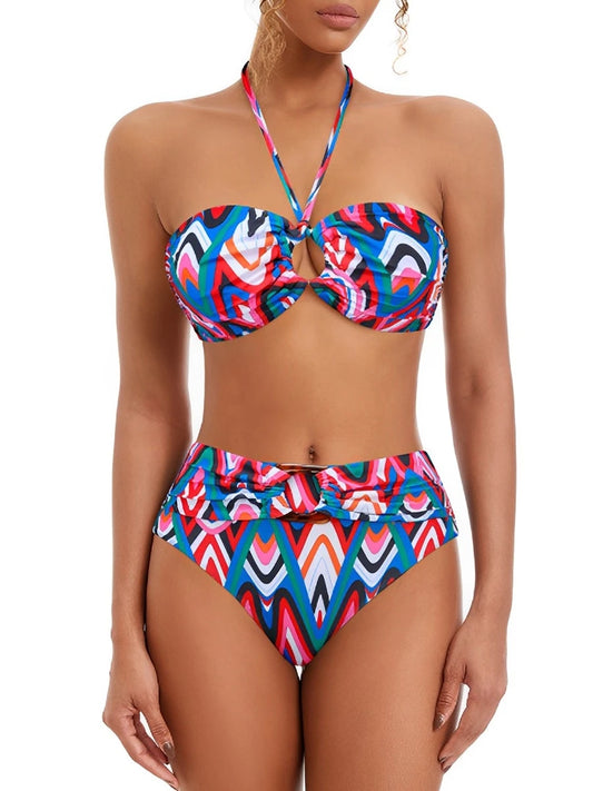 2025 Bikini Bandeau con cuello Halter para mujer, traje de baño de cintura alta, traje de baño acolchado para mujer, bañadores, traje de baño para nadar, ropa de playa de verano