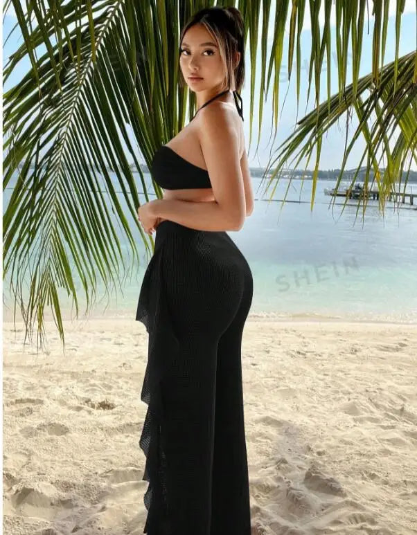 Conjunto de Bikini y cubierta para mujer, traje de baño liso entrecruzado con cuello Halter y pantalones con volantes