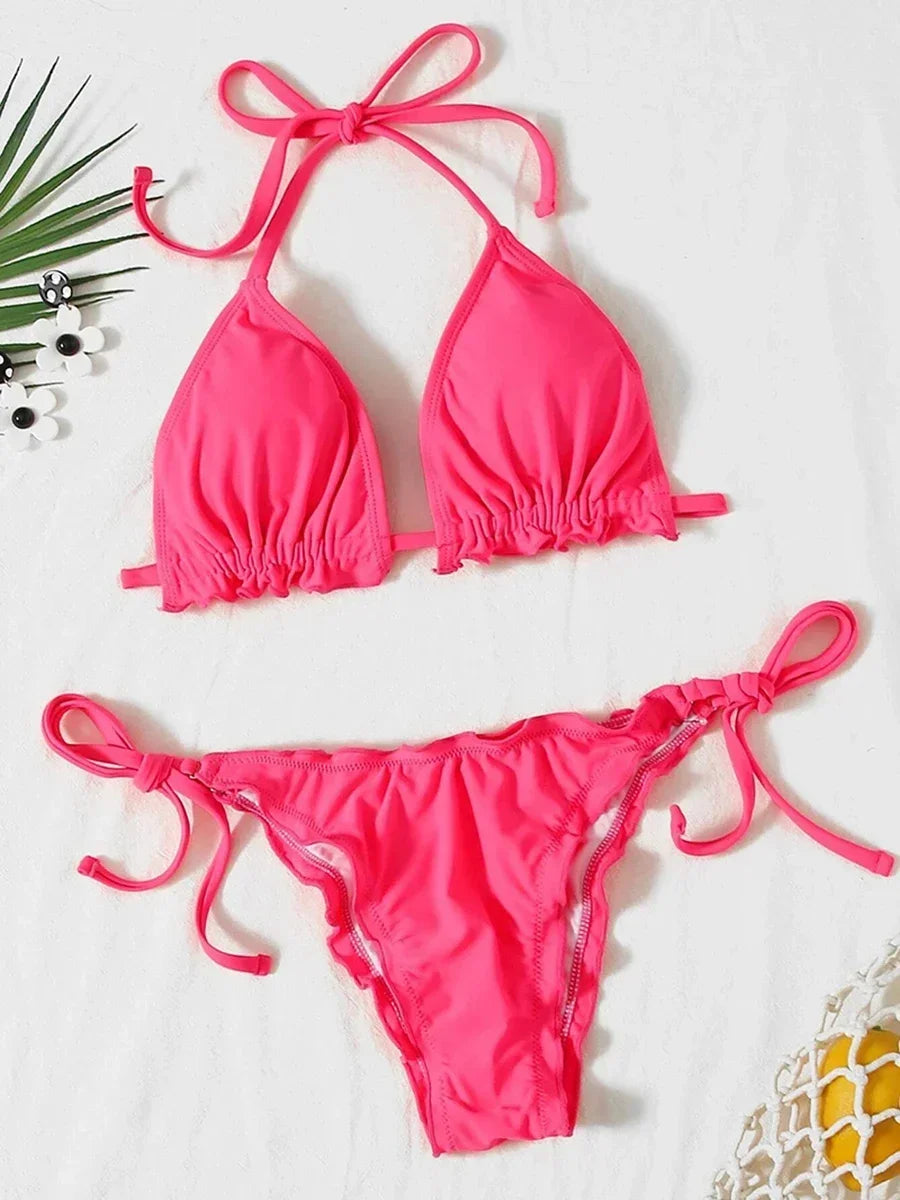 Bikini brasileño acanalado con volantes para mujer, traje de baño femenino, conjunto de Bikini de dos piezas, traje de baño con cordón Halter