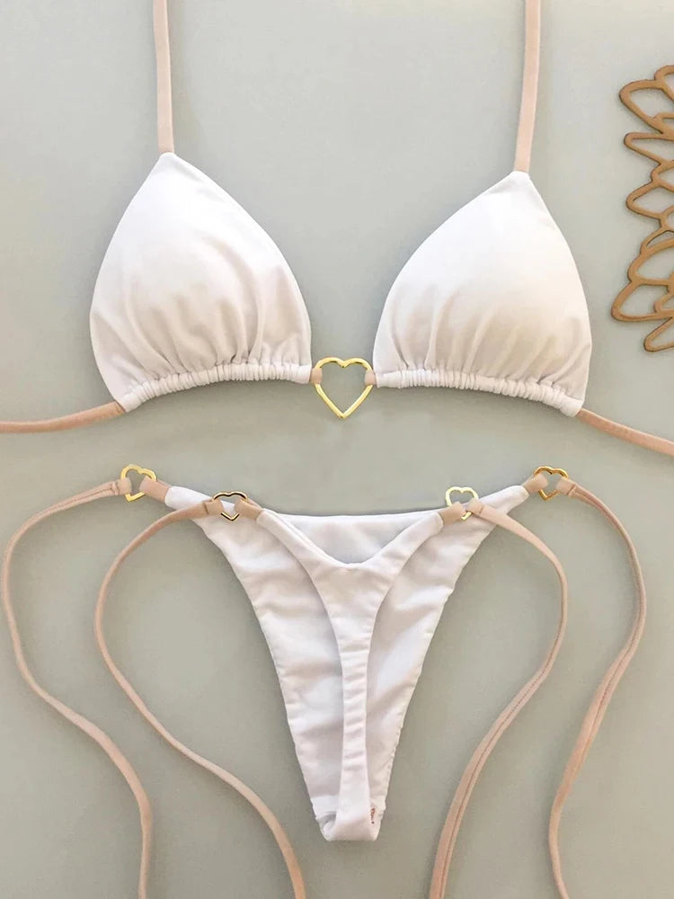 Conjunto de bikini sexy de cintura baja para mujer, traje de baño de verano de color sólido con lazo en la parte delantera y top acolchado para vacaciones en la playa