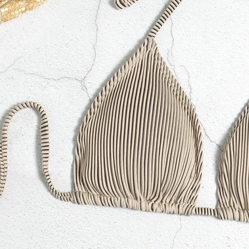 Bikinis acanalados de 3 piezas, traje de baño triangular con cuello Halter